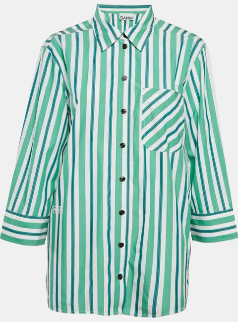 Ganni Green Striped Cotton Button Front Oversized Shirt S