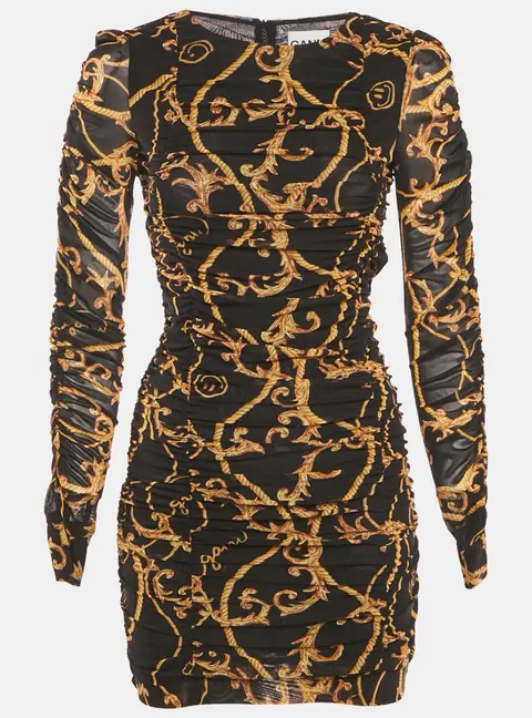 Ganni Black Printed Jersey Ruched Bodycon Mini Dress XS