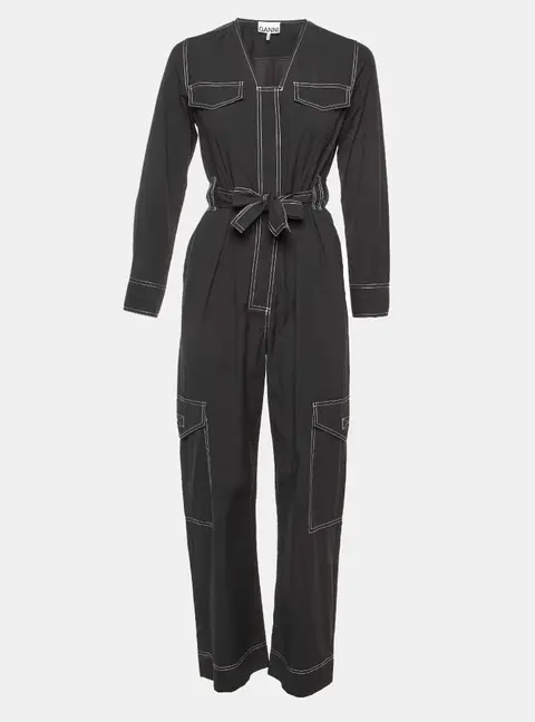 Ganni Black Cotton Blend Contrast Stitch Detail Belted Jumpsuit XS
