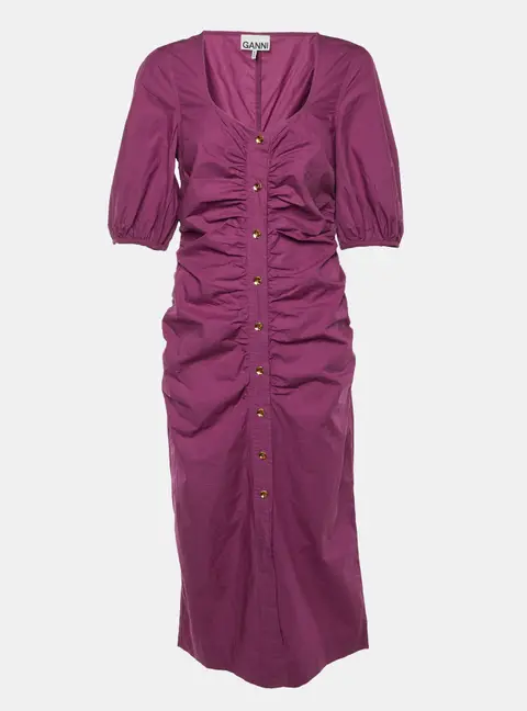 Ganni Purple Wine Cotton Ruched Midi Dress M