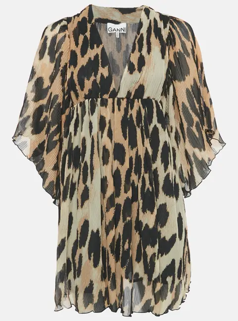 Ganni Brown Leopard Print Pliss&eacute; Crepe de Chine Mini Dress XXS/XS