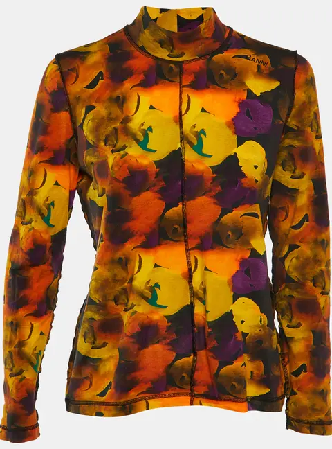 Ganni Orange Printed Jersey Turtle Neck T-Shirt L