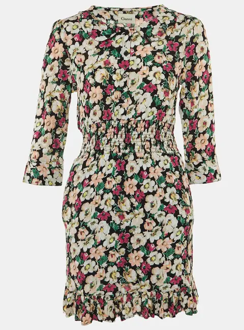Ganni Black Floral Print Crepe Flounce Hem Dress L
