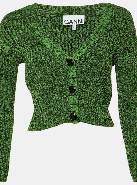 Ganni Green Rib Knit Button Front Cardigan XS