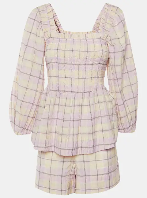 Ganni Lilac Checked Cotton Peplum Top & Shorts Set M/L