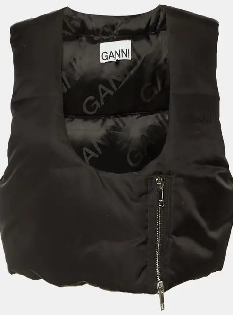 Ganni Black Padded Asymmetric Cropped Vest L