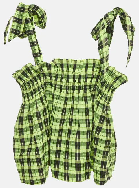 Ganni Neon Green/Black Checks Cotton Blend Shirring Top S