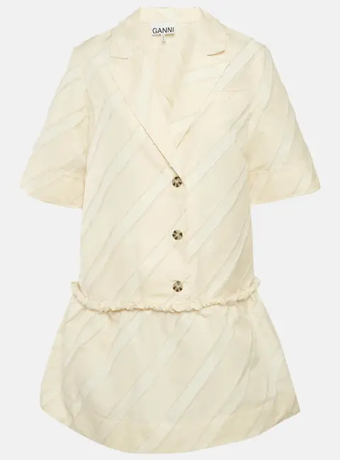 Ganni Cream Diagonal Stripe Crepe Frayed Mini Dress S
