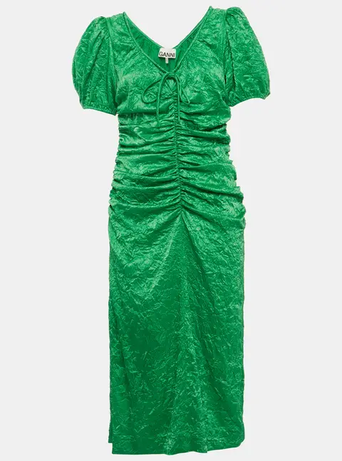 Ganni Green Crinkled Satin Ruche Detail Midi Dress M