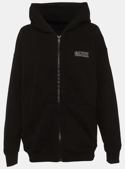 Ganni Black Logo Embroidered Cotton Zip-Up Hoodie L