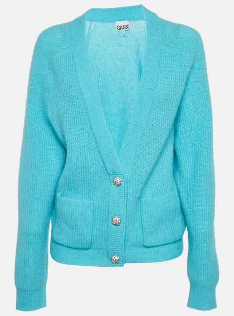 Ganni Sky Blue Rib Knit Embellished Cardigan L