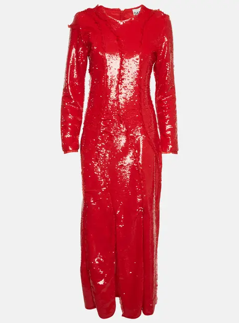 Ganni Red Sequins Cutline Maxi Dress S