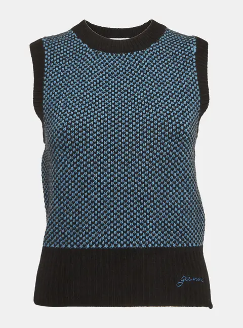 Ganni Blue/Black Rib Knit Sweater Vest XS