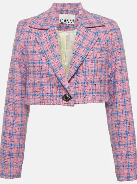 Ganni Pink/Blue Tweed Check Cropped Blazer S