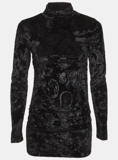 Ganni Black Velour Ruched High Neck Top XS