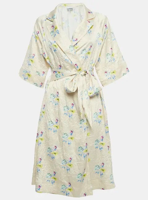 Ganni Cream Floral Print Satin Crinkled Wrap Dress M