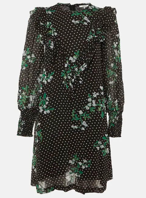 Ganni Black Polka Dot Floral Printed Chiffon Mini Dress S