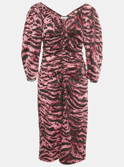 Ganni Pink /Black Zebra Print Crepe Ruched Midi Dress L