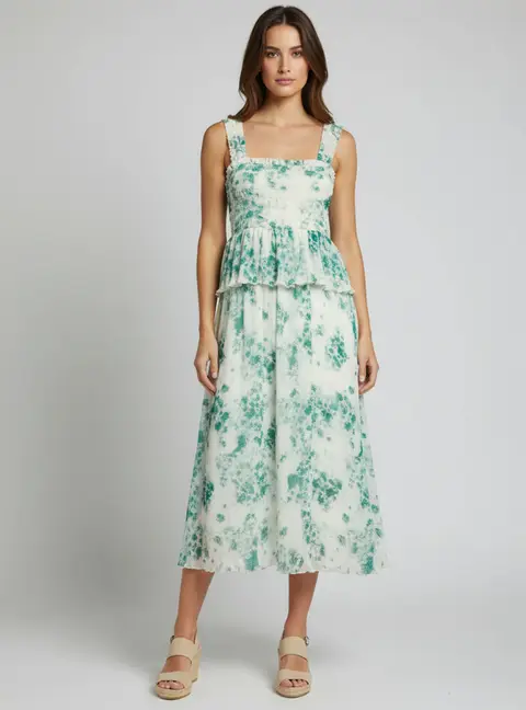 Ganni Green Printed Georgette Plisse Smocked Midi Dress XXS