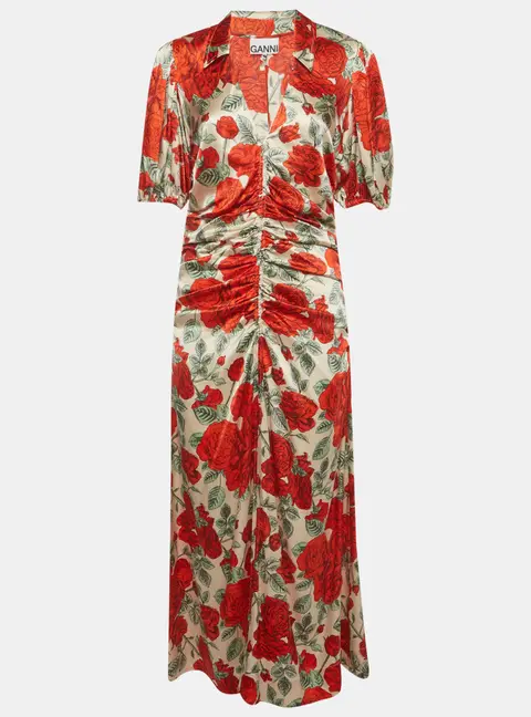 Ganni Cream Rose Print Stretch Satin Ruched Midi Dress M