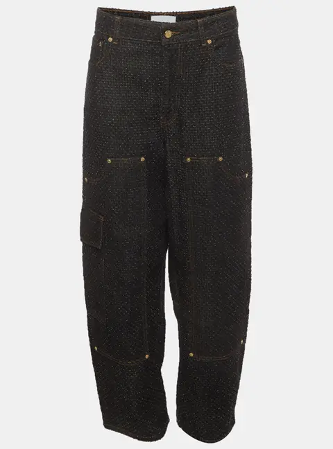 Ganni Black Textured Denim Wide Leg Pants L /Waist 35"