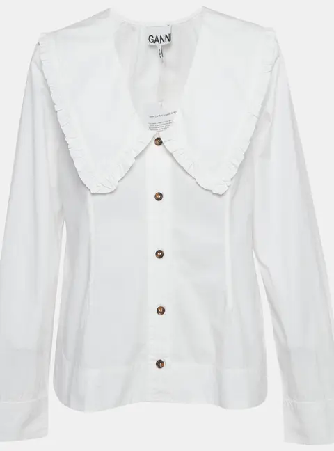 Ganni White Cotton Wide Ruffled Trim Collar Shirt S