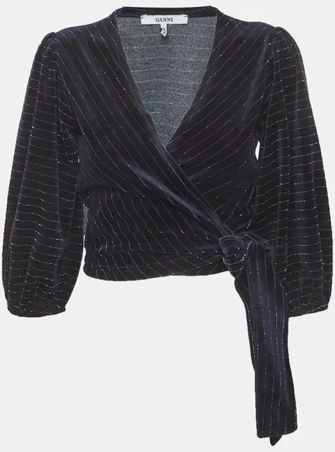 Ganni Navy Blue Striped Velvet Wrap Top XS
