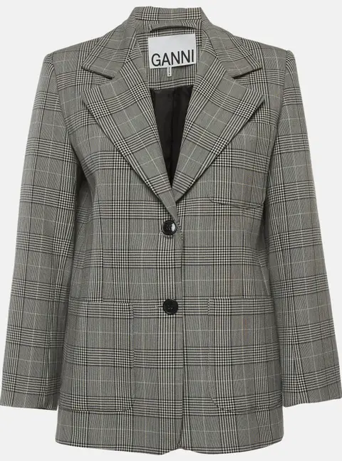 Ganni Black/White Plaid Print Wool Blend Regular Fit Blazer M