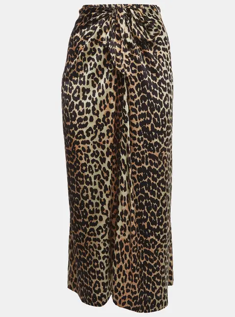 Ganni Black/Brown Leopard Print Silk Knot Detail Skirt S