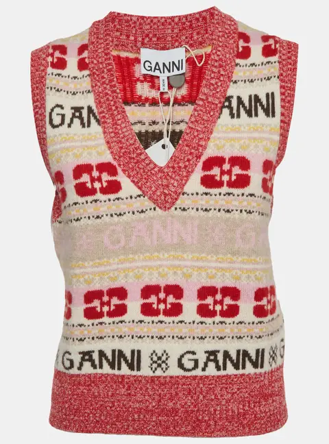 Ganni Pink Intarsia Wool Knit V-Neck Sweater Vest S