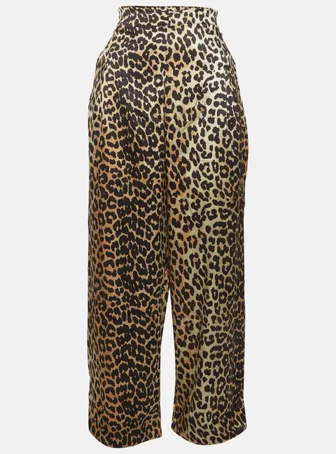 Ganni Brown Leopard Print Satin Wide Leg Pants L