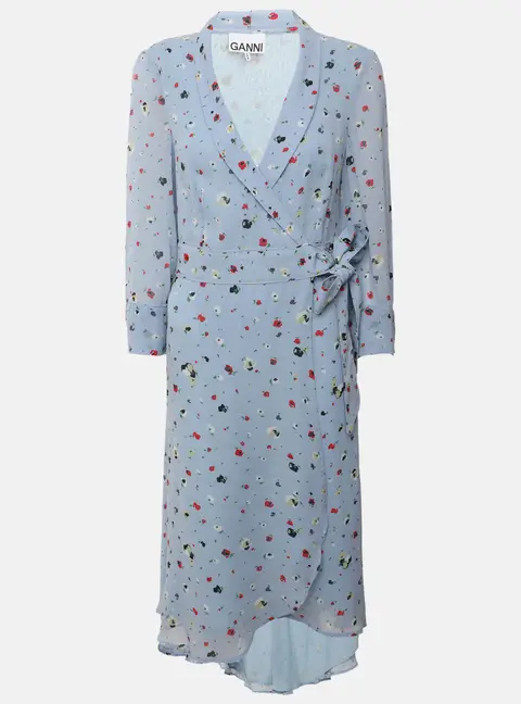 Ganni Blue Multicolor Printed Knit Wrap Dress XXS