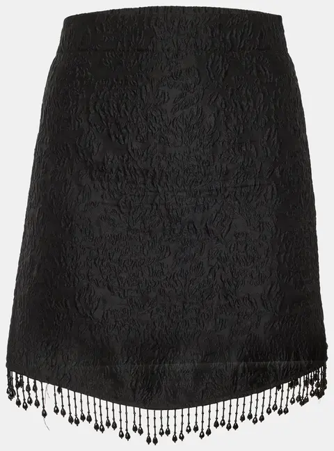 Ganni Black Jacquard Bead Fringed Mini Skirt L