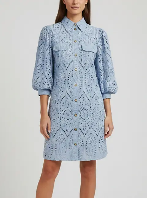 Ganni Blue Broderie Anglaise Balloon Sleeve Mini Shirt Dress S