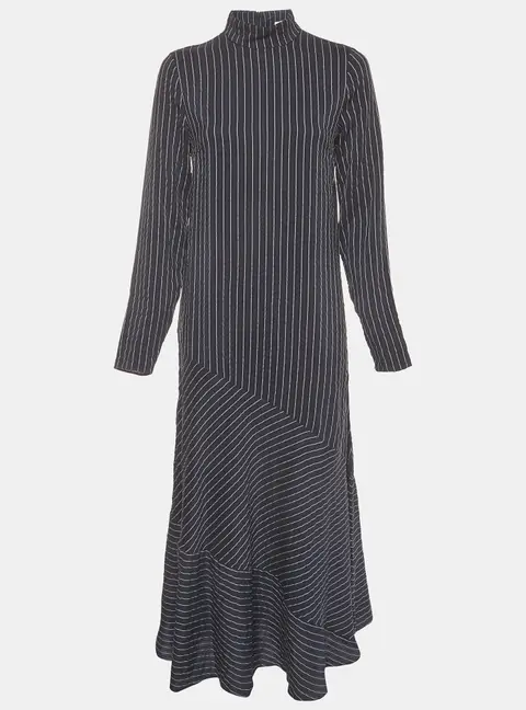 Ganni Navy Blue Striped Seersucker Long Sleeve Maxi Dress M