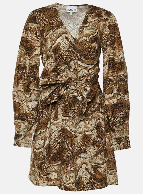 Ganni Brown Abstract Print Poplin Wrap Dress S