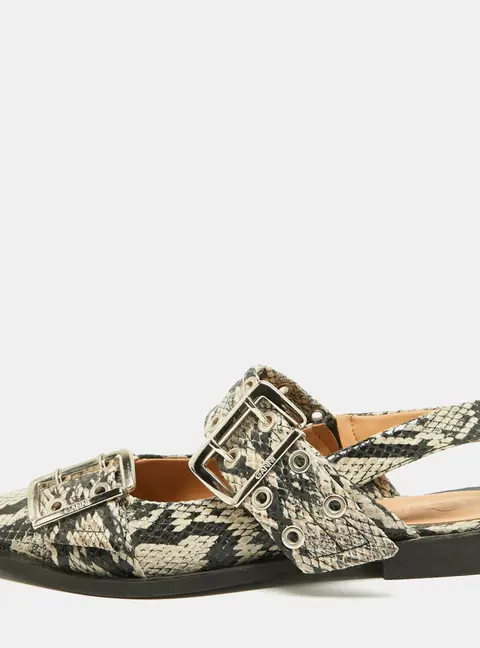 Ganni Size 39 Green/Grey Snakeskin Embossed Leather Slingback Flats