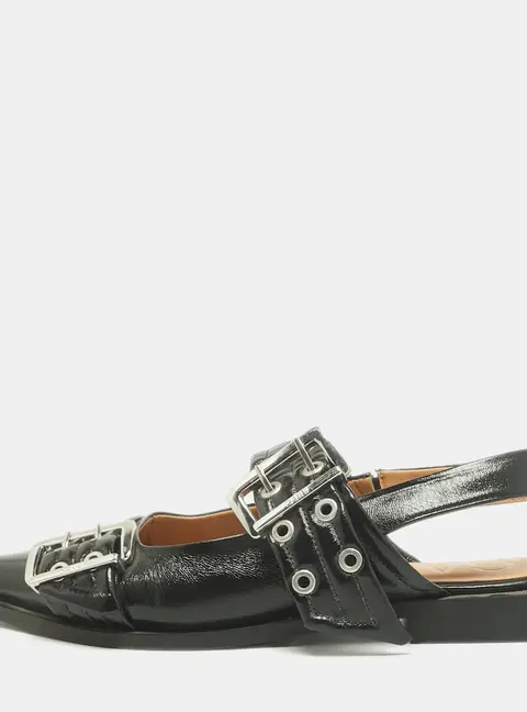Ganni Size 41 Black Leather Buckle Slingback Flats