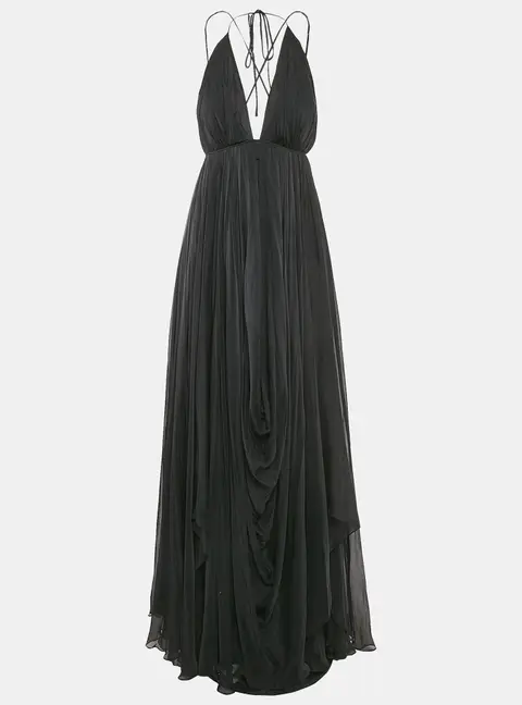 Gauri & Nanika Black Chiffon Draped Maxi Dress M