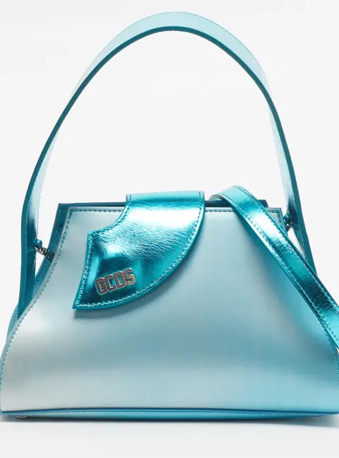 GCDS Comma Metallic Blue Patent Leather and Vinyl Shoulder Bag