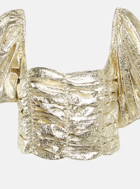Georgia Alice Metallic Lam&eacute; Ruche Puff Sleeve Vegas Crop Top M