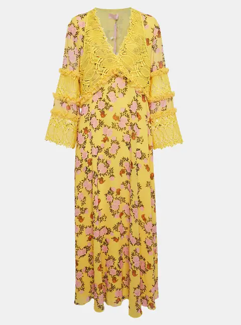 Giamba Yellow Floral Print Chiffon and Lace Cut-Out Maxi Dress M