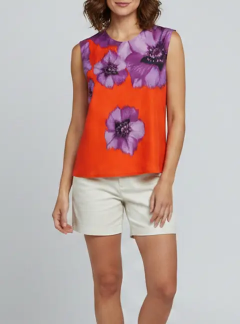 Giambattista Valli Orange/Purple Floral Print Cotton Sleeveless Top XL