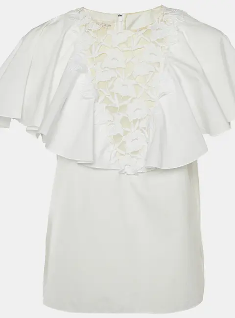 Giambattista Valli White Lace Trim Cotton Ruffled Top M