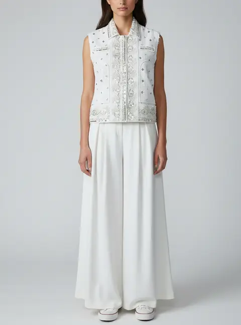 Giambattista Valli Boucle and Denim Embellished Vest and Pants Set M