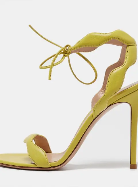Gianvito Rossi Green Leather Wavy Ankle Tie Sandals Size 38