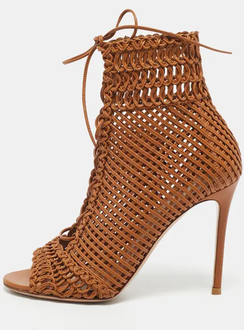 Gianvito Rossi Brown Woven Leather Marnie Lace Up Peep Toe Ankle Boots Size 39