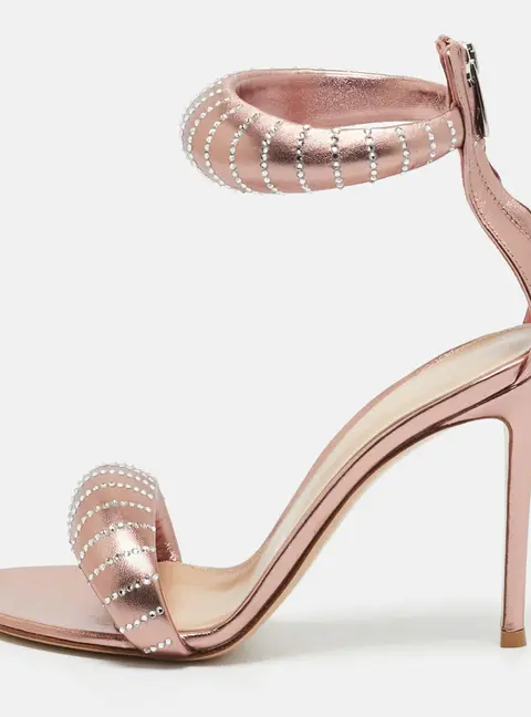 Gianvito Rossi Rose Gold Leather Crystal Embellished Bijoux Sandals Size 38.5