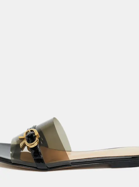 Gianvito Rossi Black PVC and Patent Leather Gemini Flat Slides Size 36