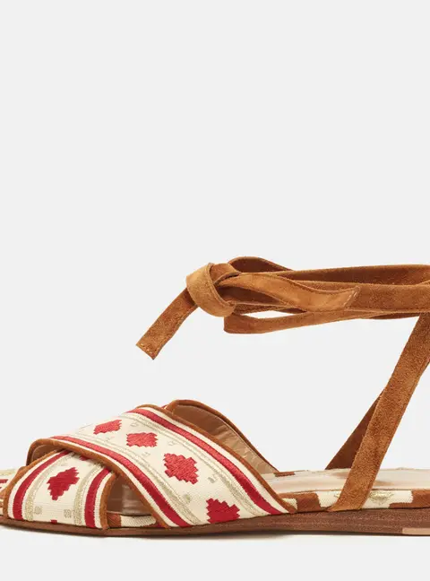 Gianvito Rossi Rossi Size 37.5 Multicolor Tricolor Jacquard and Suede Ankle Tie Flat Sandals